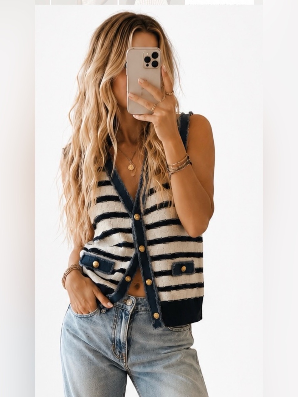 Laundry By Shelli Segal Navy and White Striped Knit Button Vest